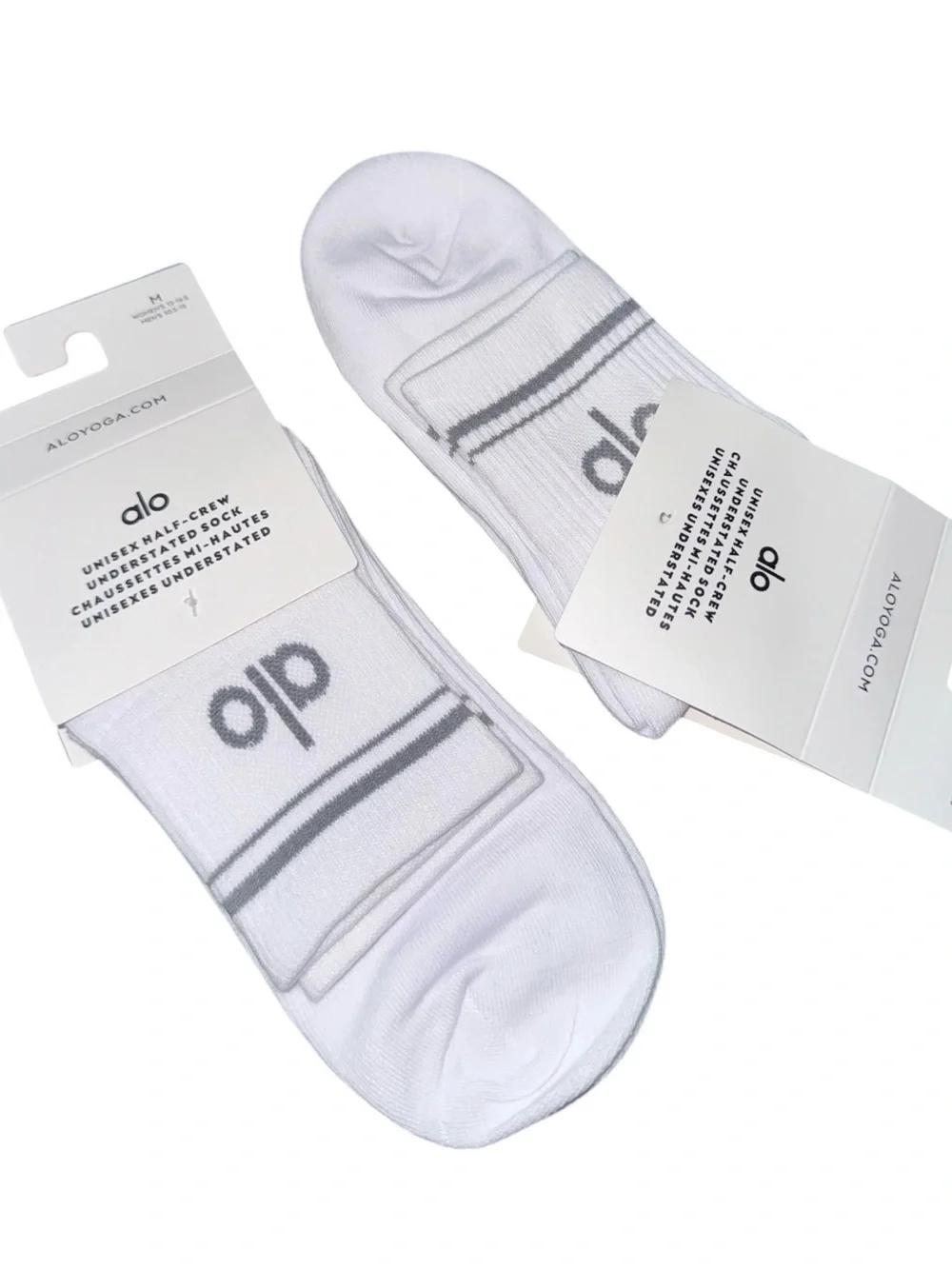 Alo Yoga Unisex Half Crew Socks White Gray Logo Size M 1 Pair